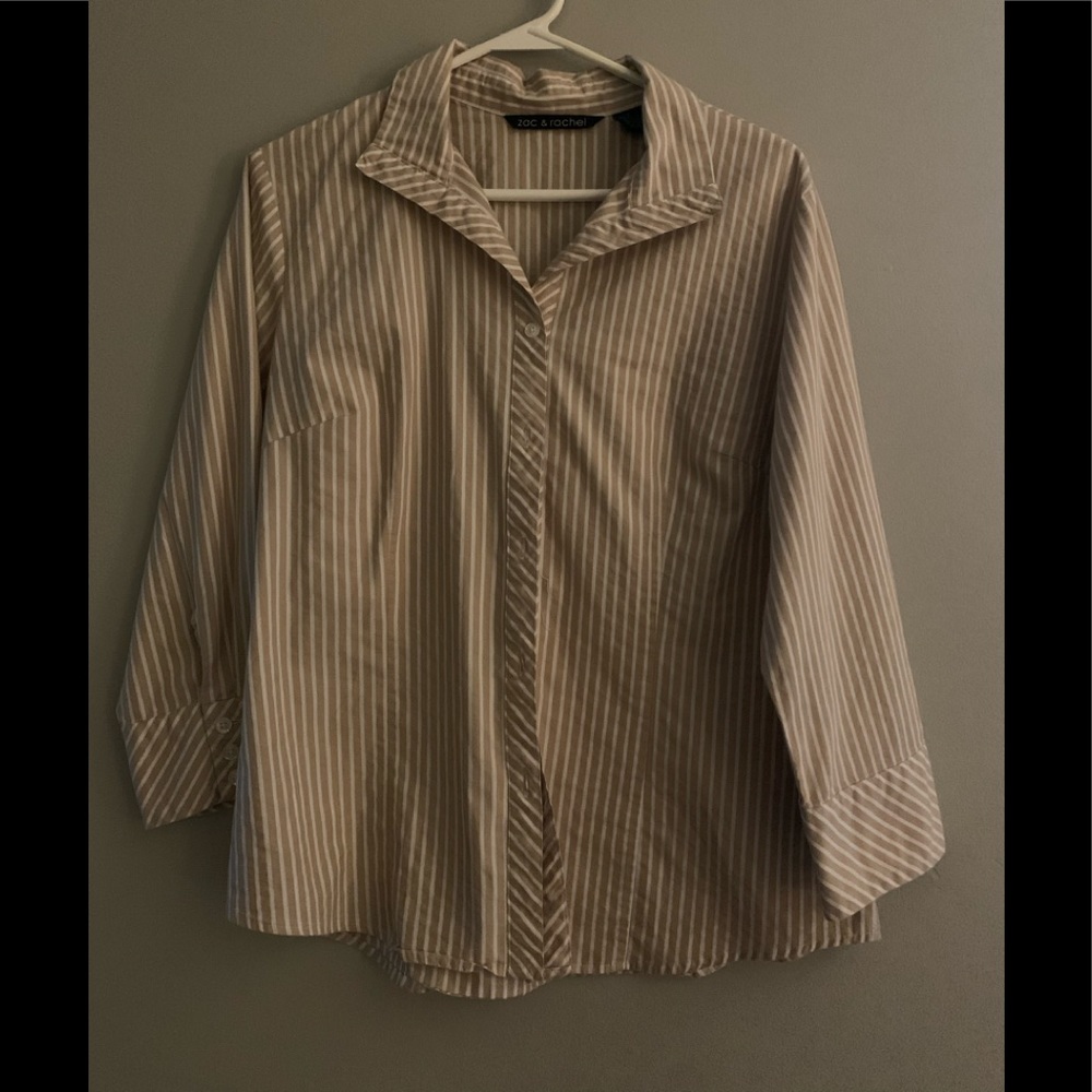 Tan pin striped blouse.